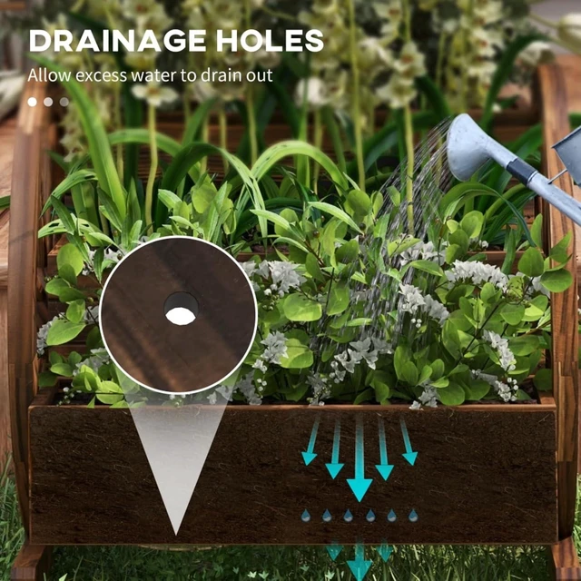 Alt view image 6 of 7 - Hassyee 3-Tier Outdoor Planter Box with Wagon Wheel Design and Drainage Holes for Growing Vegetables, Flowers, Wooden Raised Bed with Rustic Look for Garden, Lawn, Backyard