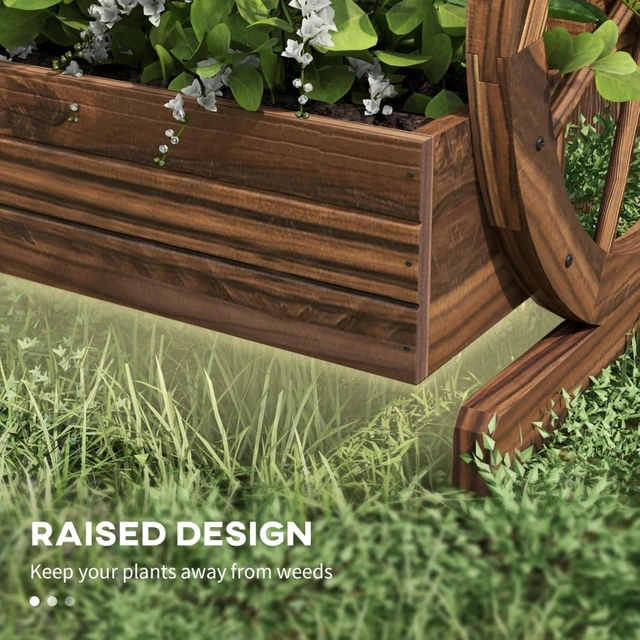 Alt view image 7 of 7 - Hassyee 3-Tier Outdoor Planter Box with Wagon Wheel Design and Drainage Holes for Growing Vegetables, Flowers, Wooden Raised Bed with Rustic Look for Garden, Lawn, Backyard