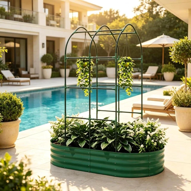 Alt view image 2 of 7 - Hassyee Galvanized Metal Raised Garden Bed with Arched Trellis and Open Bottom Design for Growing Vegetables, Flowers, Outdoor Planter Box with Smooth Top Edge for Backyard, Lawn
