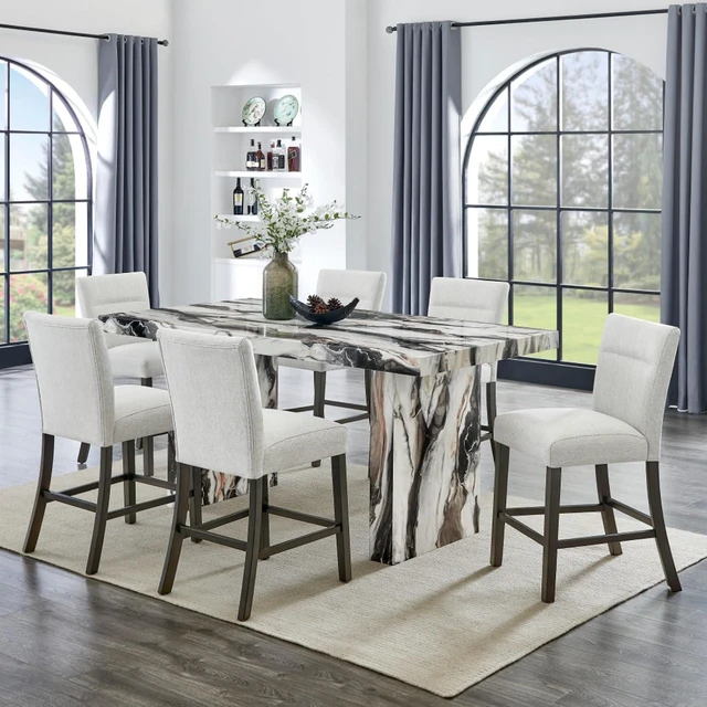 Main image of Hassyee 7-Piece Dining Table Set with Rectangular Table and 6 High Back Chairs for Bar Cafe, Modern Kitchen Set with Faux Marble Tabletop & Wood Frame for Dining Room and Kitchen
