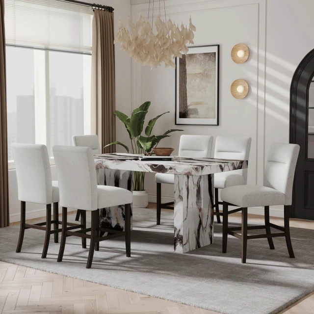 Alt view image 2 of 7 - Hassyee 7-Piece Dining Table Set with Rectangular Table and 6 High Back Chairs for Bar Cafe, Modern Kitchen Set with Faux Marble Tabletop & Wood Frame for Dining Room and Kitchen
