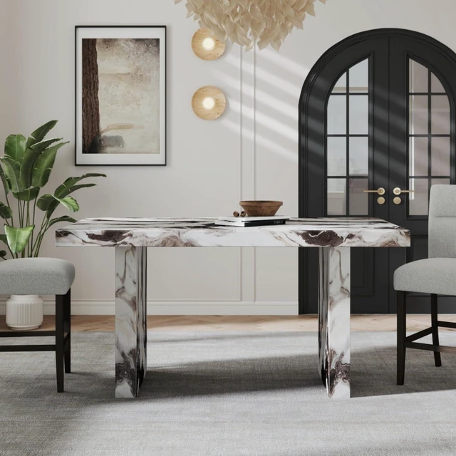 Alt view image 4 of 7 - Hassyee 7-Piece Dining Table Set with Rectangular Table and 6 High Back Chairs for Bar Cafe, Modern Kitchen Set with Faux Marble Tabletop & Wood Frame for Dining Room and Kitchen