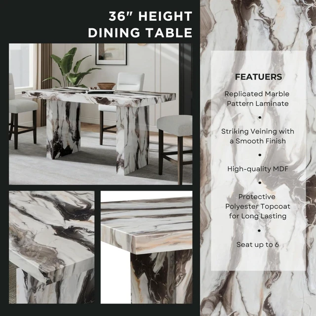 Alt view image 5 of 7 - Hassyee 7-Piece Dining Table Set with Rectangular Table and 6 High Back Chairs for Bar Cafe, Modern Kitchen Set with Faux Marble Tabletop & Wood Frame for Dining Room and Kitchen