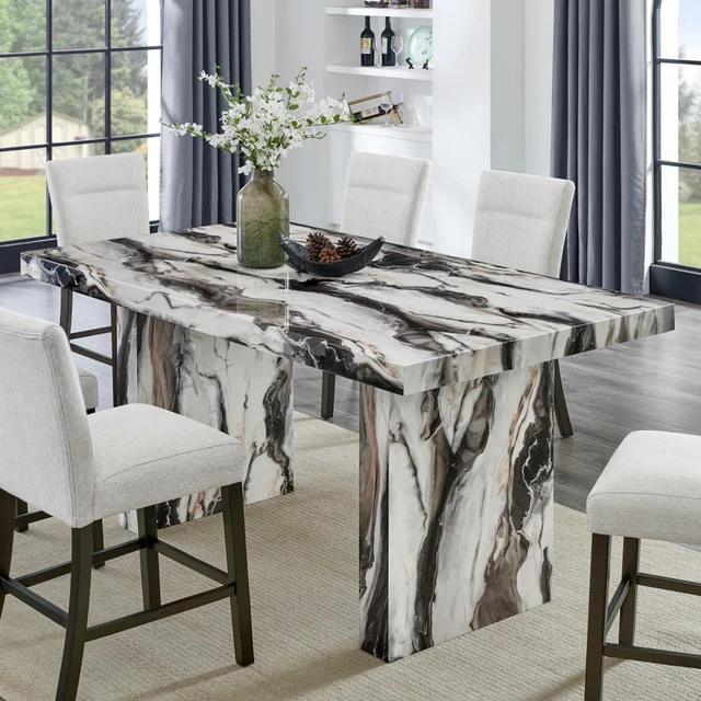 Alt view image 3 of 7 - Hassyee 7-Piece Dining Table Set with Rectangular Table and 6 High Back Chairs for Bar Cafe, Modern Kitchen Set with Faux Marble Tabletop & Wood Frame for Dining Room and Kitchen