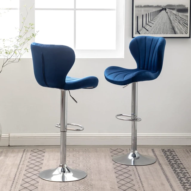 Alt view image 6 of 7 - Fabric Upholstered Bar Stools Set of 2,Comfortable Velvet Barstools w/Adjustable Rotating Base&Backrest for Home Bar,Parsons Chair w/Foot Pedals for Dining Room,Wave Contour Design (Blue + Set of 2)