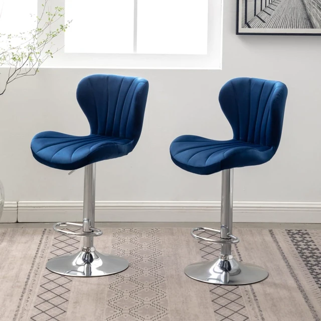 Alt view image 5 of 7 - Fabric Upholstered Bar Stools Set of 2,Comfortable Velvet Barstools w/Adjustable Rotating Base&Backrest for Home Bar,Parsons Chair w/Foot Pedals for Dining Room,Wave Contour Design (Blue + Set of 2)