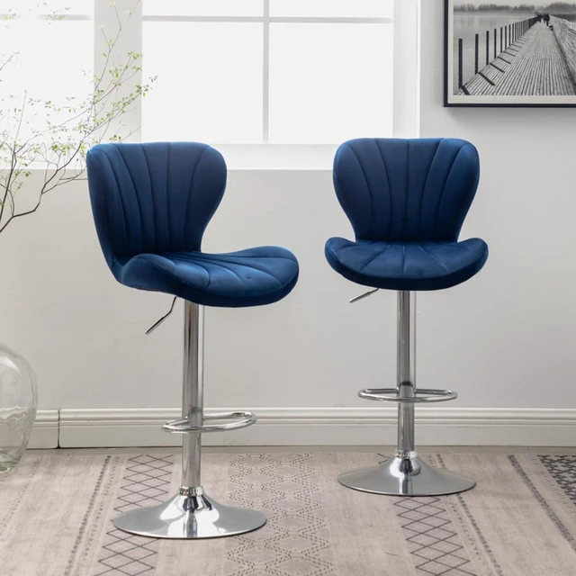 Alt view image 7 of 7 - Fabric Upholstered Bar Stools Set of 2,Comfortable Velvet Barstools w/Adjustable Rotating Base&Backrest for Home Bar,Parsons Chair w/Foot Pedals for Dining Room,Wave Contour Design (Blue + Set of 2)