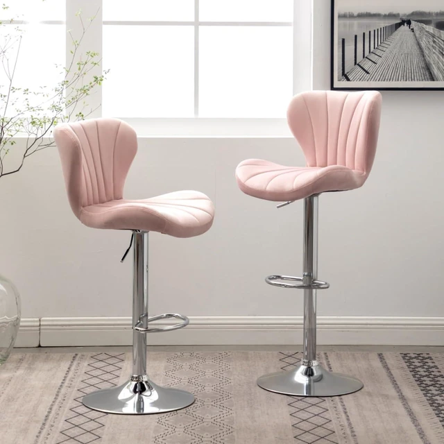 Main image of Fabric Upholstered Bar Stools Set of 2,Comfortable Velvet Barstools w/Adjustable Rotating Base&Backrest for Home Bar,Parsons Chair w/Foot Pedals for Dining Room,Wave Contour Design (Pink + Set of 2)