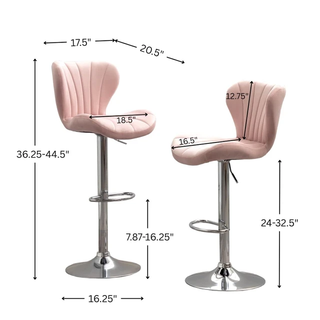 Alt view image 2 of 7 - Fabric Upholstered Bar Stools Set of 2,Comfortable Velvet Barstools w/Adjustable Rotating Base&Backrest for Home Bar,Parsons Chair w/Foot Pedals for Dining Room,Wave Contour Design (Pink + Set of 2)