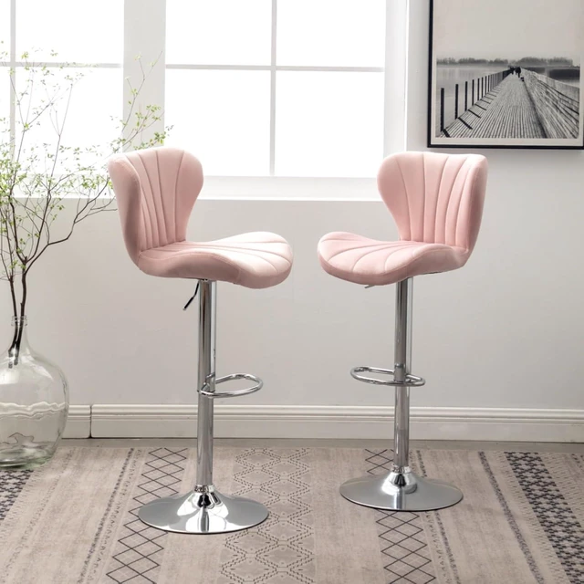 Alt view image 3 of 7 - Fabric Upholstered Bar Stools Set of 2,Comfortable Velvet Barstools w/Adjustable Rotating Base&Backrest for Home Bar,Parsons Chair w/Foot Pedals for Dining Room,Wave Contour Design (Pink + Set of 2)