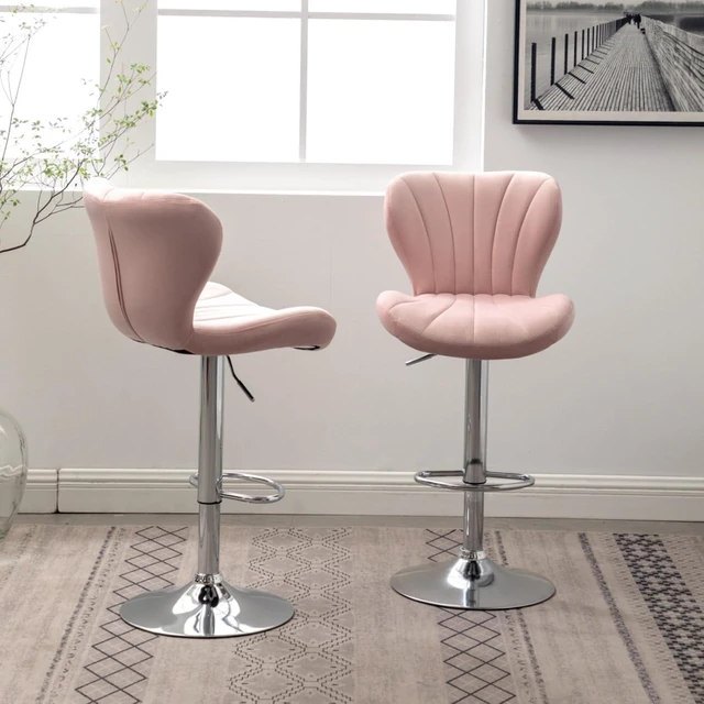 Alt view image 5 of 7 - Fabric Upholstered Bar Stools Set of 2,Comfortable Velvet Barstools w/Adjustable Rotating Base&Backrest for Home Bar,Parsons Chair w/Foot Pedals for Dining Room,Wave Contour Design (Pink + Set of 2)