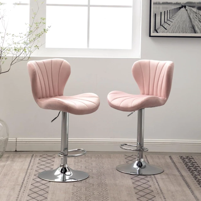 Alt view image 6 of 7 - Fabric Upholstered Bar Stools Set of 2,Comfortable Velvet Barstools w/Adjustable Rotating Base&Backrest for Home Bar,Parsons Chair w/Foot Pedals for Dining Room,Wave Contour Design (Pink + Set of 2)