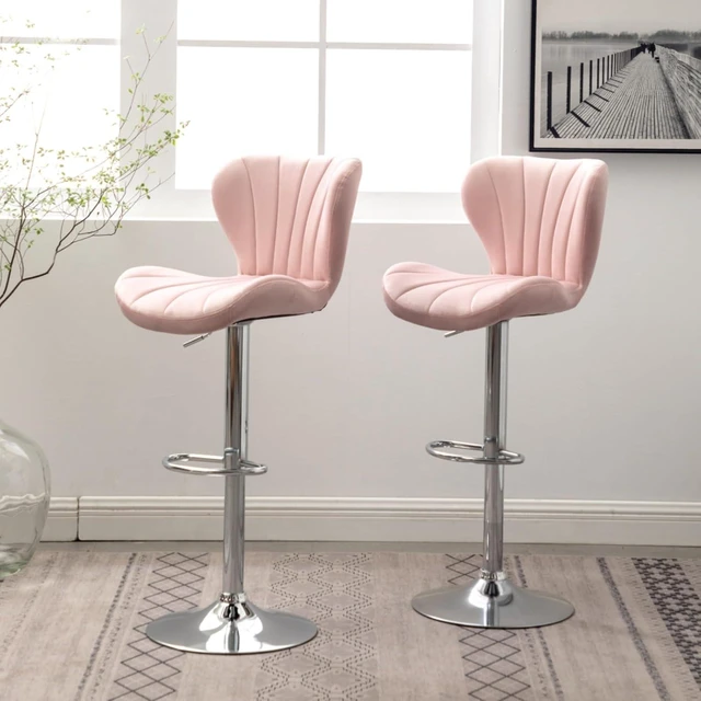 Alt view image 4 of 7 - Fabric Upholstered Bar Stools Set of 2,Comfortable Velvet Barstools w/Adjustable Rotating Base&Backrest for Home Bar,Parsons Chair w/Foot Pedals for Dining Room,Wave Contour Design (Pink + Set of 2)