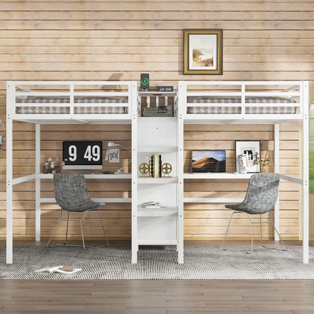Alt view image 3 of 7 - Twin Over Twin Metal Loft Bed with Double Desk and Wardrobe, Dorm Bed with Ladder, Guardrail and Storage Shelves for Teens Shared Room Bedroom Apartment, Noise Reduction (Beige Twin Over Twin)
