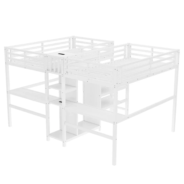 Alt view image 7 of 7 - Twin Over Twin Metal Loft Bed with Double Desk and Wardrobe, Dorm Bed with Ladder, Guardrail and Storage Shelves for Teens Shared Room Bedroom Apartment, Noise Reduction (Beige Twin Over Twin)