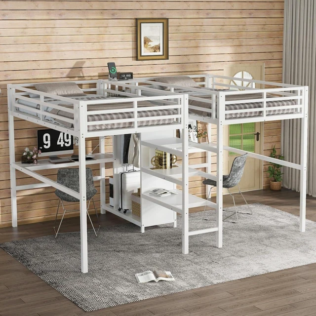 Alt view image 4 of 7 - Twin Over Twin Metal Loft Bed with Double Desk and Wardrobe, Dorm Bed with Ladder, Guardrail and Storage Shelves for Teens Shared Room Bedroom Apartment, Noise Reduction (Beige Twin Over Twin)