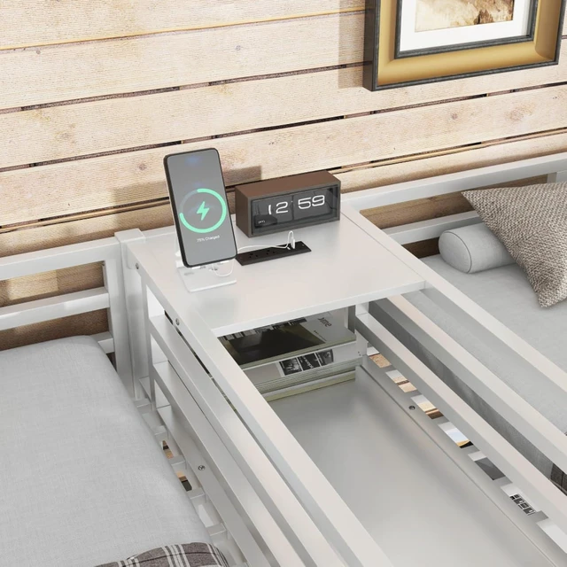 Alt view image 6 of 7 - Twin Over Twin Metal Loft Bed with Double Desk and Wardrobe, Dorm Bed with Ladder, Guardrail and Storage Shelves for Teens Shared Room Bedroom Apartment, Noise Reduction (Beige Twin Over Twin)