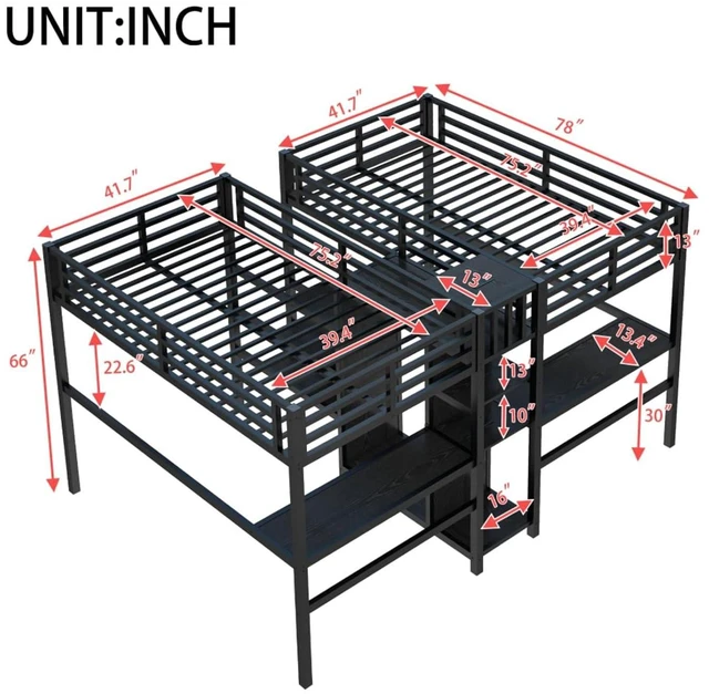 Alt view image 2 of 7 - Twin Over Twin Metal Loft Bed with Double Desk and Wardrobe, Dorm Bed with Ladder, Guardrail and Storage Shelves for Teens Shared Room Bedroom Apartment, Noise Reduction (Black Twin Over Twin)