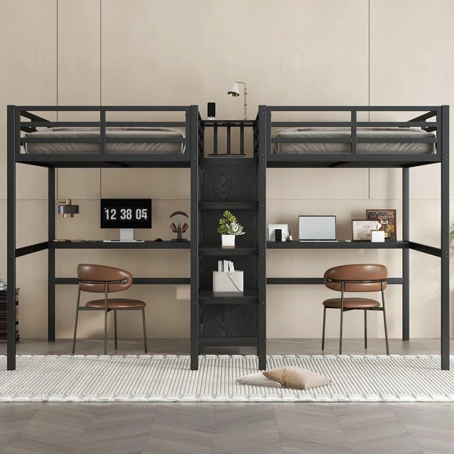 Alt view image 3 of 7 - Twin Over Twin Metal Loft Bed with Double Desk and Wardrobe, Dorm Bed with Ladder, Guardrail and Storage Shelves for Teens Shared Room Bedroom Apartment, Noise Reduction (Black Twin Over Twin)