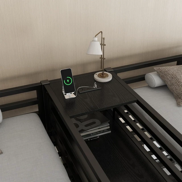 Alt view image 5 of 7 - Twin Over Twin Metal Loft Bed with Double Desk and Wardrobe, Dorm Bed with Ladder, Guardrail and Storage Shelves for Teens Shared Room Bedroom Apartment, Noise Reduction (Black Twin Over Twin)