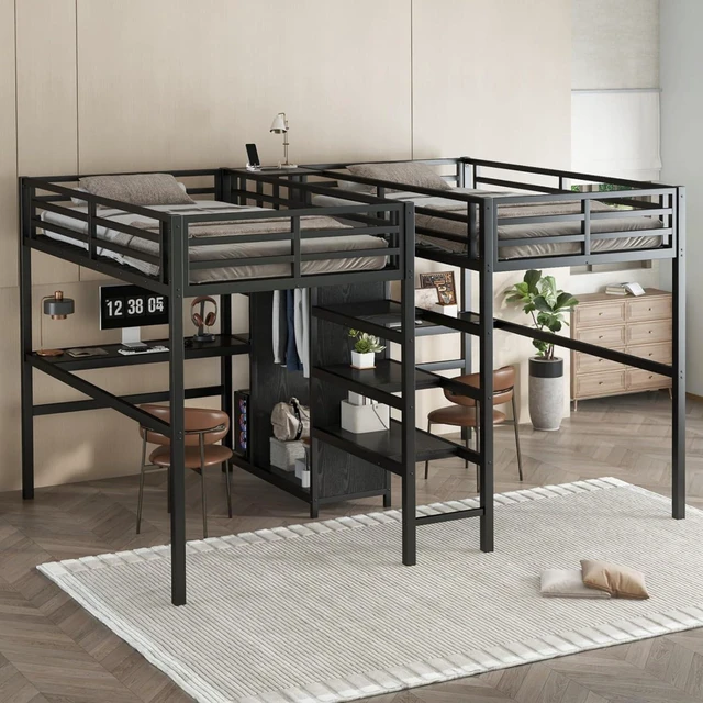 Alt view image 4 of 7 - Twin Over Twin Metal Loft Bed with Double Desk and Wardrobe, Dorm Bed with Ladder, Guardrail and Storage Shelves for Teens Shared Room Bedroom Apartment, Noise Reduction (Black Twin Over Twin)