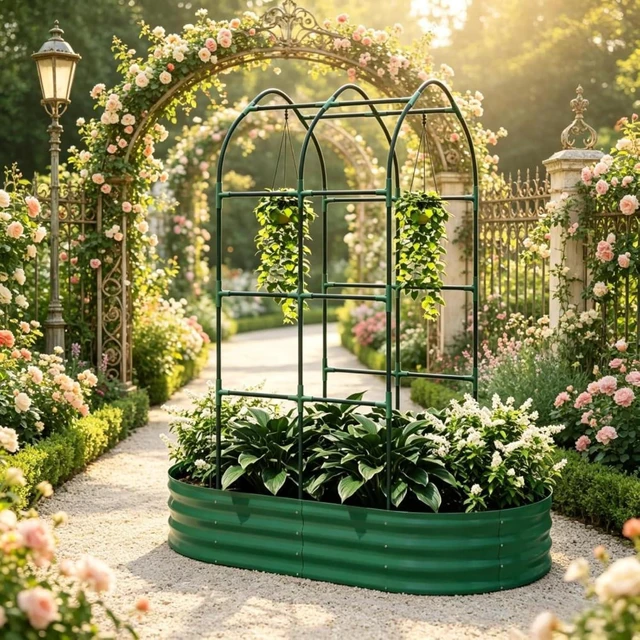 Alt view image 5 of 7 - Hassyee Galvanized Metal Raised Garden Bed with Arched Trellis and Open Bottom Design for Growing Vegetables, Flowers, Outdoor Planter Box with Smooth Top Edge for Backyard, Lawn