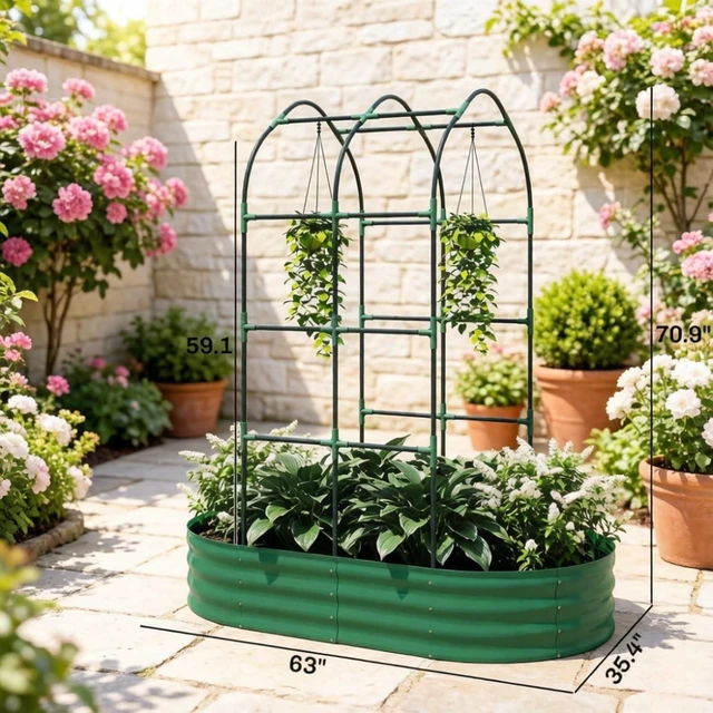 Alt view image 7 of 7 - Hassyee Galvanized Metal Raised Garden Bed with Arched Trellis and Open Bottom Design for Growing Vegetables, Flowers, Outdoor Planter Box with Smooth Top Edge for Backyard, Lawn