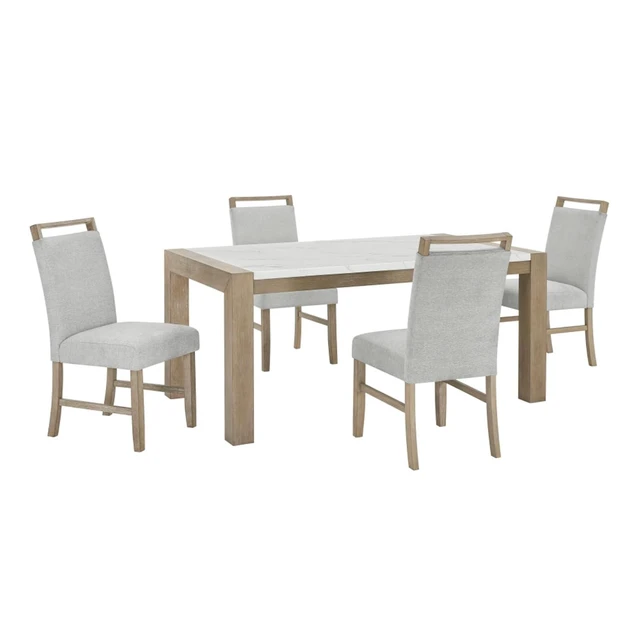 Alt view image 2 of 5 - Hassyee 5-Piece Dining Sets with Rectangular Table and 4 Upholstered Chairs for Tavern Pub Bistro Home Restaurant, Rustic Kitchen Set with Faux Marble Tabletop & Wood Legs for 4