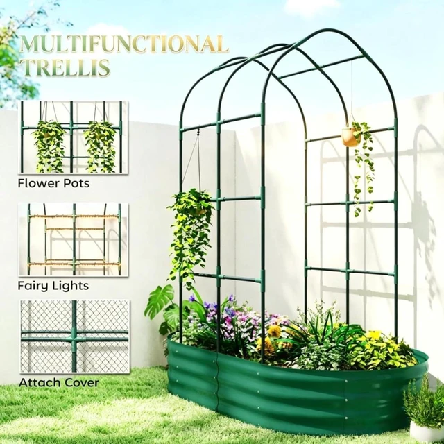 Alt view image 6 of 7 - Hassyee Galvanized Metal Raised Garden Bed with Arched Trellis and Open Bottom Design for Growing Vegetables, Flowers, Outdoor Planter Box with Smooth Top Edge for Backyard, Lawn