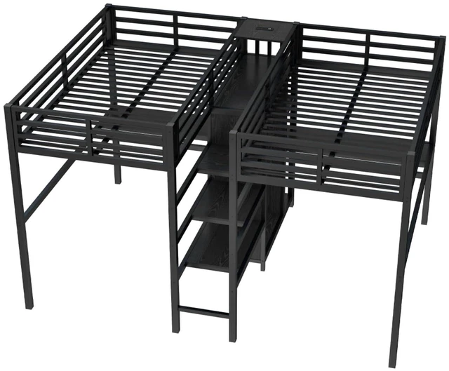 Alt view image 7 of 7 - Twin Over Twin Metal Loft Bed with Double Desk and Wardrobe, Dorm Bed with Ladder, Guardrail and Storage Shelves for Teens Shared Room Bedroom Apartment, Noise Reduction (Black Twin Over Twin)