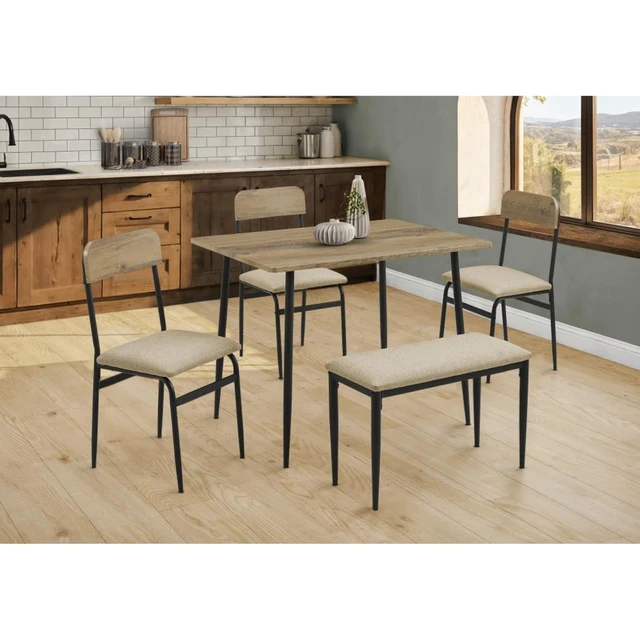 Alt view image 4 of 4 - Hassyee 5-Piece Dinner Table Set with Rectangular Table and 3 Ergonomic Chairs & 1 Long Bench for Dining Room, Industrial Kitchen Set with MDF Tabletop & Metal Frame for Bar Cafe