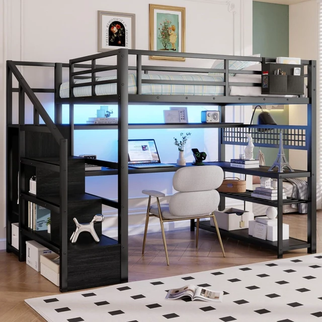 Alt view image 2 of 7 - Full Size Loft Bed with Staircase and Wardrobe, Metal Dorm Bed with Desk, Storage Shelves, LED Lights and Charge Station, Corner Beds with Guardrail for Boys Girls Bedroom Guest Playroom (Black Full)