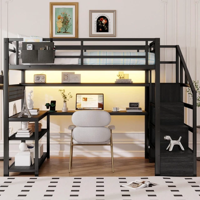 Alt view image 3 of 7 - Full Size Loft Bed with Staircase and Wardrobe, Metal Dorm Bed with Desk, Storage Shelves, LED Lights and Charge Station, Corner Beds with Guardrail for Boys Girls Bedroom Guest Playroom (Black Full)