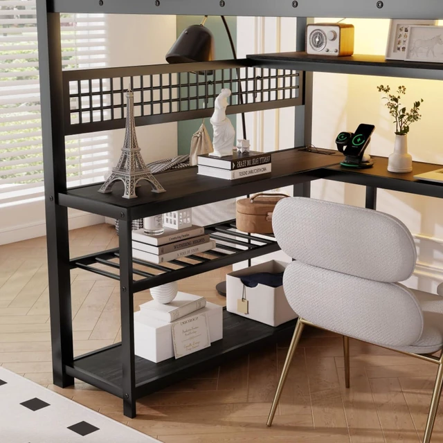 Alt view image 4 of 7 - Full Size Loft Bed with Staircase and Wardrobe, Metal Dorm Bed with Desk, Storage Shelves, LED Lights and Charge Station, Corner Beds with Guardrail for Boys Girls Bedroom Guest Playroom (Black Full)