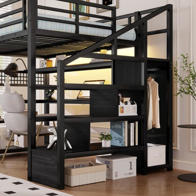Alt view image 5 of 7 - Full Size Loft Bed with Staircase and Wardrobe, Metal Dorm Bed with Desk, Storage Shelves, LED Lights and Charge Station, Corner Beds with Guardrail for Boys Girls Bedroom Guest Playroom (Black Full)