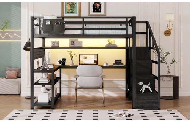 Alt view image 6 of 7 - Full Size Loft Bed with Staircase and Wardrobe, Metal Dorm Bed with Desk, Storage Shelves, LED Lights and Charge Station, Corner Beds with Guardrail for Boys Girls Bedroom Guest Playroom (Black Full)