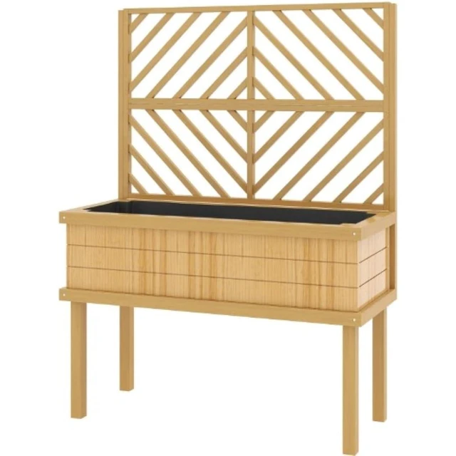 Alt view image 2 of 7 - Hassyee Elevated Wooden Planter Box with Trellis and Legs for Growing Flowers, Plants, Vegetables, Outdoor Raised Garden Bed with Drainage Holes and Bed Liner for Backyard, Lawn (Light Brown)