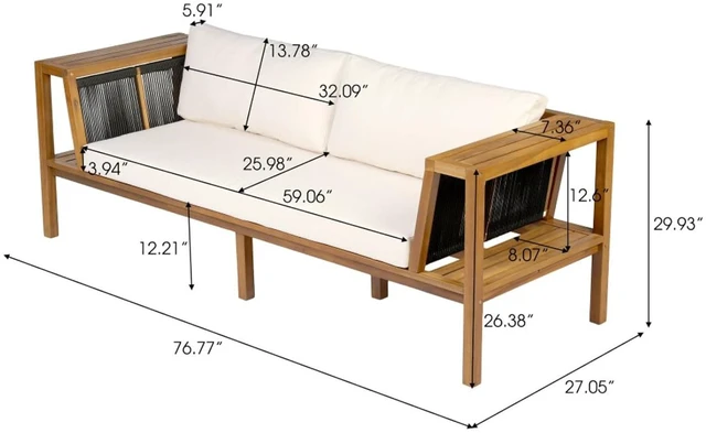 Alt view image 2 of 7 - Hassyee Premium Acacia Wood Outdoor Daybed w/Handwoven Rope Armrests for Backyard, Modern 2 Seater Garden Sofa w/Removable Cushions for Porch, Solid Wood Patio Couch for Balcony, Deck (Cream)