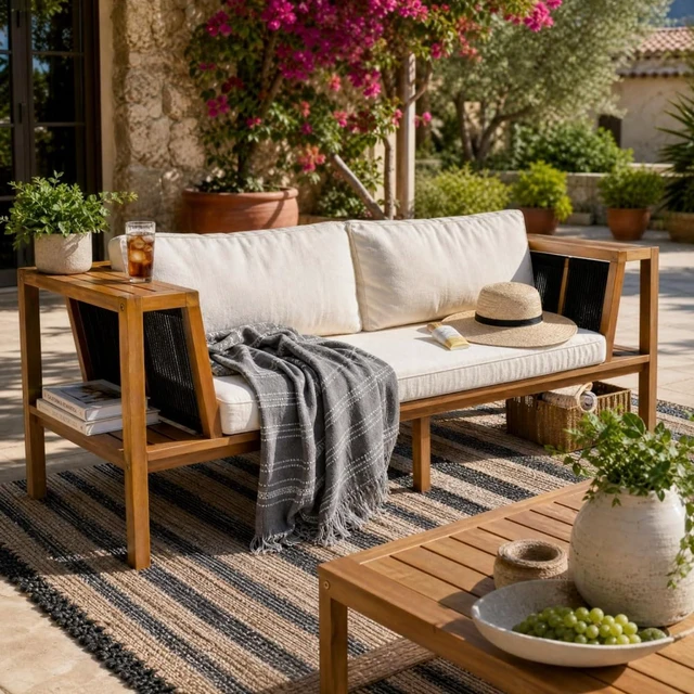 Alt view image 3 of 7 - Hassyee Premium Acacia Wood Outdoor Daybed w/Handwoven Rope Armrests for Backyard, Modern 2 Seater Garden Sofa w/Removable Cushions for Porch, Solid Wood Patio Couch for Balcony, Deck (Cream)