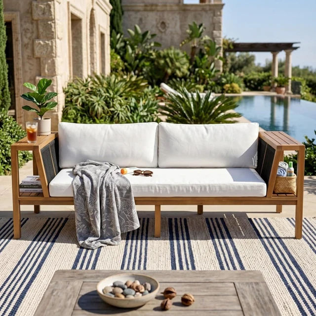 Alt view image 4 of 7 - Hassyee Premium Acacia Wood Outdoor Daybed w/Handwoven Rope Armrests for Backyard, Modern 2 Seater Garden Sofa w/Removable Cushions for Porch, Solid Wood Patio Couch for Balcony, Deck (Cream)