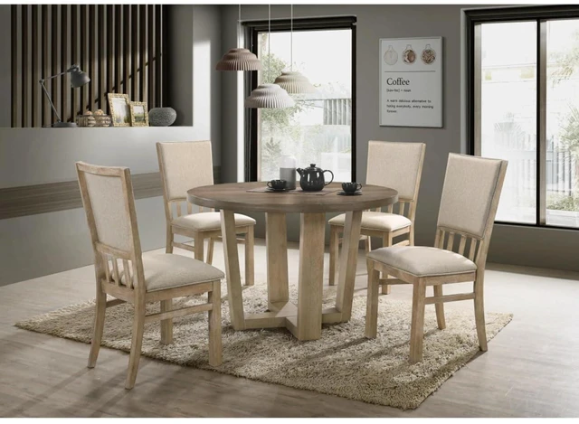 Main image of Hassyee 5-Piece Dining Table and Chairs Set with Round Table and 4 Upholstered Chairs for Home Bar Cafe, Rustic Dining Sets with Cross-Shaped Pedestal Base for Dining Room