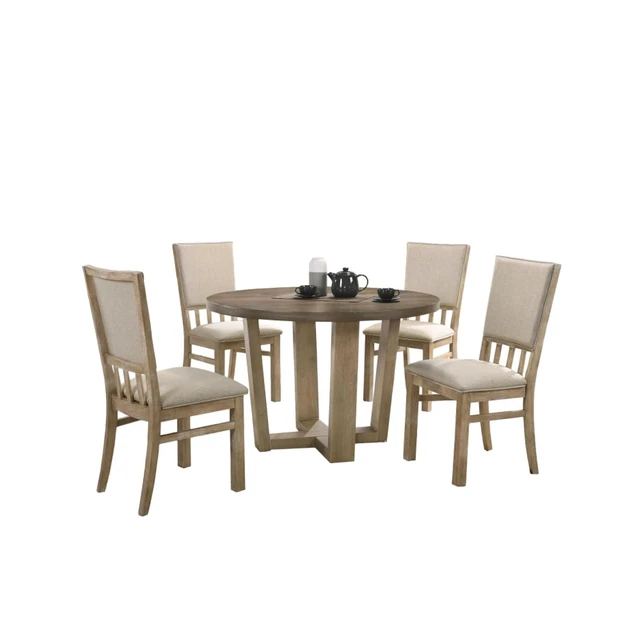 Alt view image 2 of 7 - Hassyee 5-Piece Dining Table and Chairs Set with Round Table and 4 Upholstered Chairs for Home Bar Cafe, Rustic Dining Sets with Cross-Shaped Pedestal Base for Dining Room