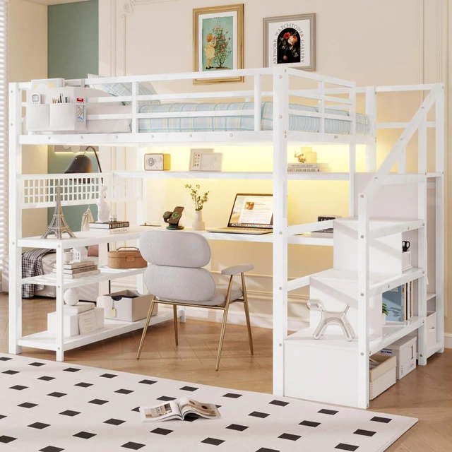 Main image of Full Size Loft Bed with Staircase and Wardrobe, Metal Dorm Bed with Desk, Storage Shelves, LED Lights and Charge Station, Corner Beds with Guardrail for Boys Girls Bedroom Guest Playroom (White Full)