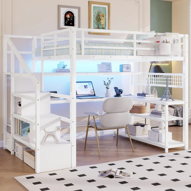 Alt view image 2 of 7 - Full Size Loft Bed with Staircase and Wardrobe, Metal Dorm Bed with Desk, Storage Shelves, LED Lights and Charge Station, Corner Beds with Guardrail for Boys Girls Bedroom Guest Playroom (White Full)