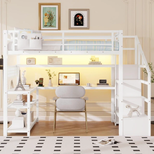 Alt view image 3 of 7 - Full Size Loft Bed with Staircase and Wardrobe, Metal Dorm Bed with Desk, Storage Shelves, LED Lights and Charge Station, Corner Beds with Guardrail for Boys Girls Bedroom Guest Playroom (White Full)