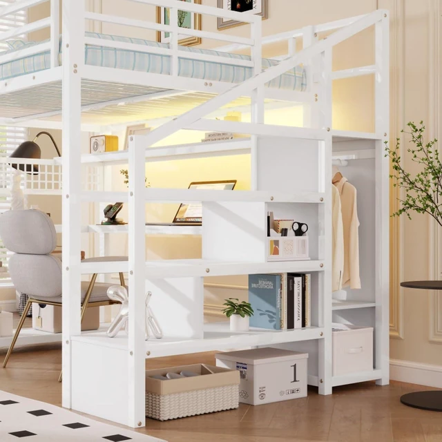 Alt view image 4 of 7 - Full Size Loft Bed with Staircase and Wardrobe, Metal Dorm Bed with Desk, Storage Shelves, LED Lights and Charge Station, Corner Beds with Guardrail for Boys Girls Bedroom Guest Playroom (White Full)