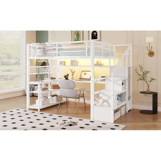 Alt view image 6 of 7 - Full Size Loft Bed with Staircase and Wardrobe, Metal Dorm Bed with Desk, Storage Shelves, LED Lights and Charge Station, Corner Beds with Guardrail for Boys Girls Bedroom Guest Playroom (White Full)