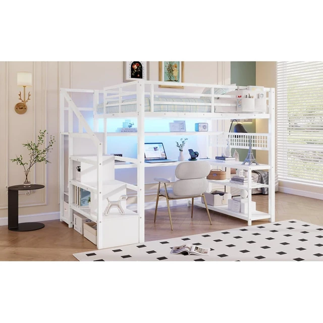 Alt view image 7 of 7 - Full Size Loft Bed with Staircase and Wardrobe, Metal Dorm Bed with Desk, Storage Shelves, LED Lights and Charge Station, Corner Beds with Guardrail for Boys Girls Bedroom Guest Playroom (White Full)