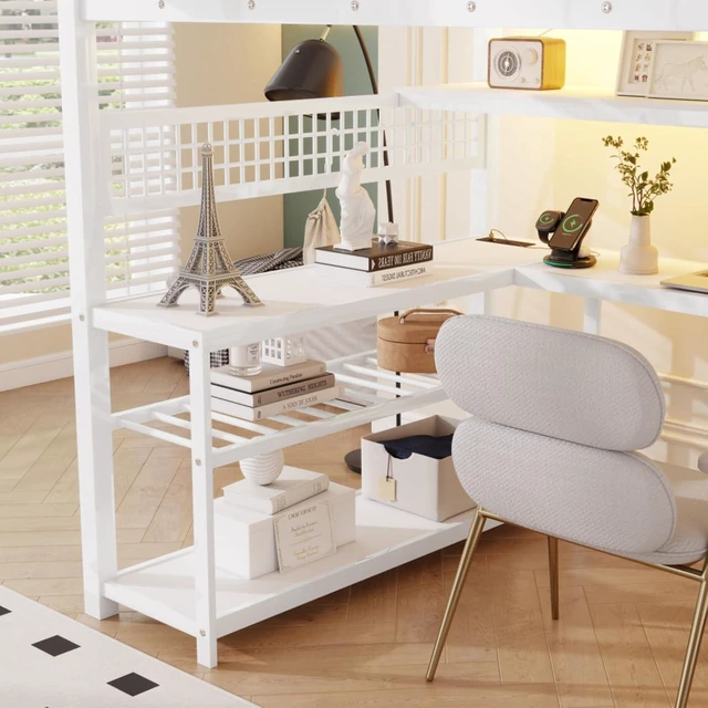 Alt view image 5 of 7 - Full Size Loft Bed with Staircase and Wardrobe, Metal Dorm Bed with Desk, Storage Shelves, LED Lights and Charge Station, Corner Beds with Guardrail for Boys Girls Bedroom Guest Playroom (White Full)