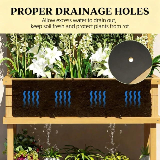 Alt view image 4 of 7 - Hassyee Elevated Wooden Planter Box with Trellis and Legs for Growing Flowers, Plants, Vegetables, Outdoor Raised Garden Bed with Drainage Holes and Bed Liner for Backyard, Lawn (Light Brown)